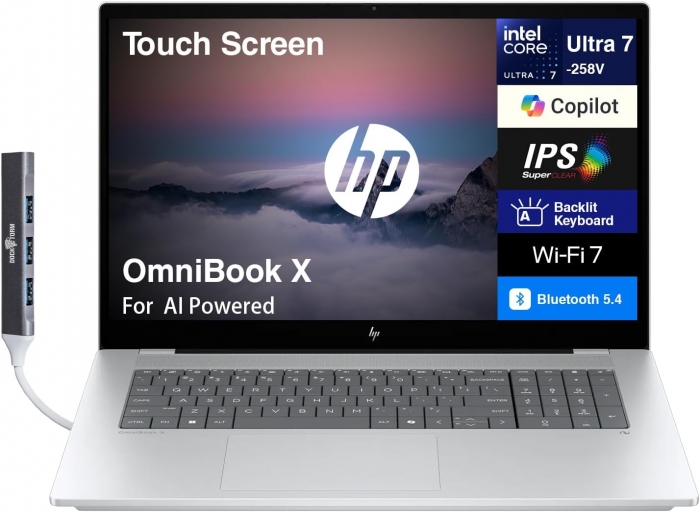 Ноутбук HP OmniBook X 17-dd0033dx (17.3" FHD Touch Copilot+, Core Ultra 7 258V, 32GB, 2TB SSD, Win 11, Glacier Silver)